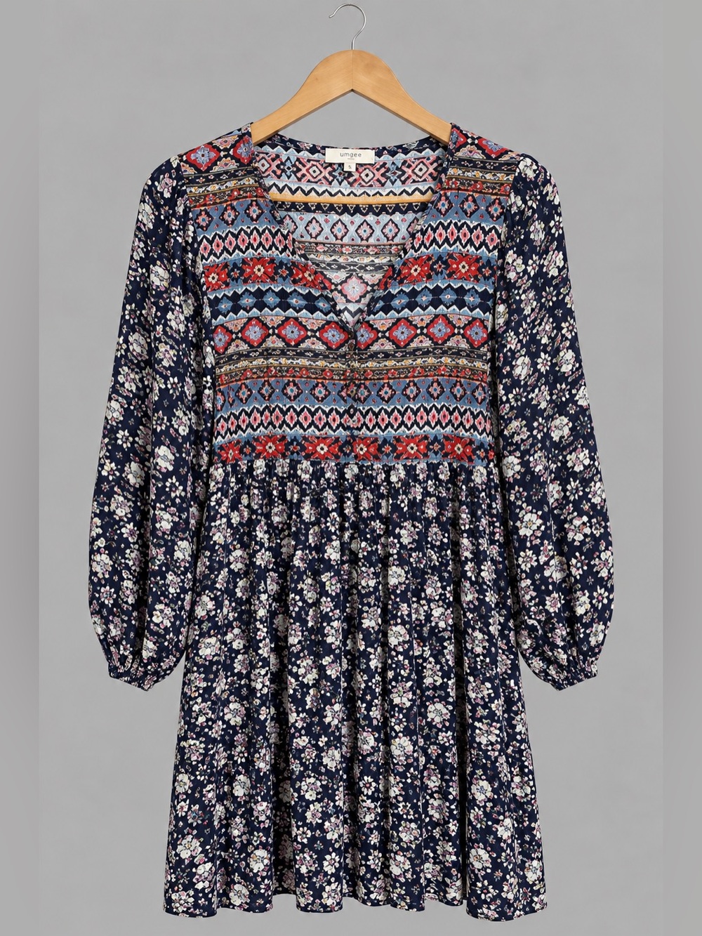 Umgee Boho Mixed Print Floral Dress Navy Size 1X 32” Excellent - Picture 2 of 5